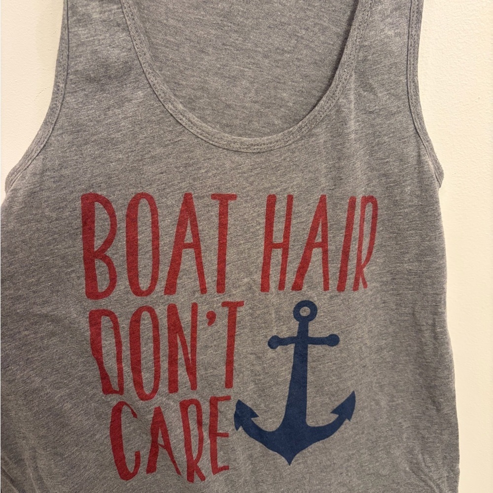 Boat Hair Don't Care Gray Tank with Red Print woman's large summer graphic boat
